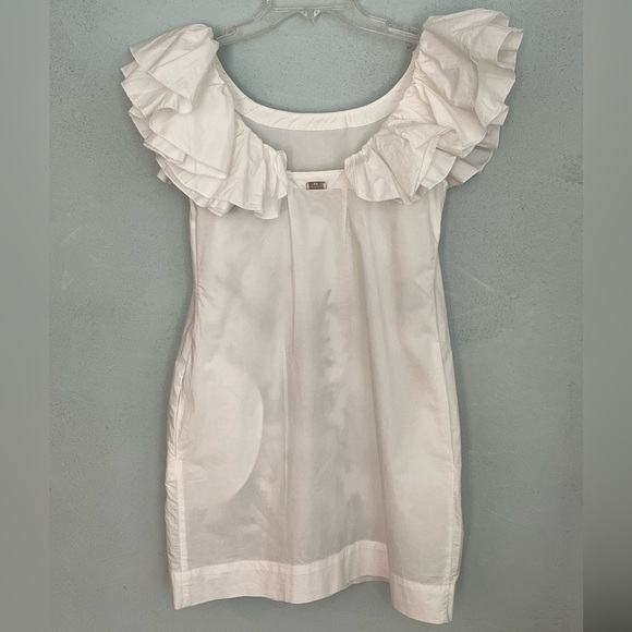 Paola Frani White Embroidered Ruffle Shoulder Sheath Dress Size Small Coquette - Picture 7 of 12